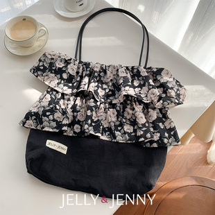 卡琳玫瑰黑Liberty小众设计帆布袋女荷叶边裙摆托特包单肩帆布包