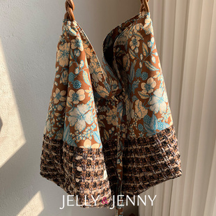 野莓棕小众编织拼接hobo包女单肩帆布袋通勤大容量斜跨包B39