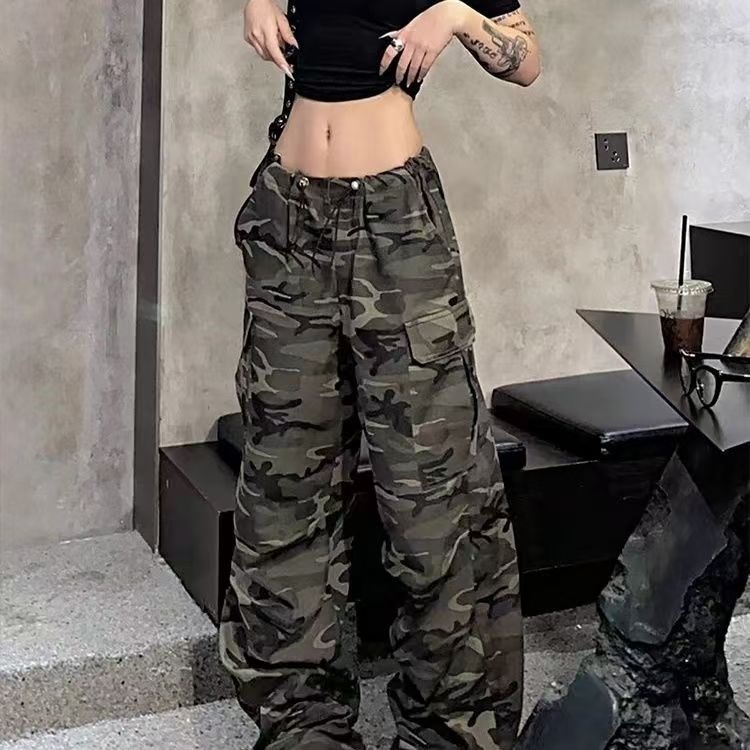 美式高街迷彩工装休闲裤女春秋季宽松hiphop直筒垂感阔腿拖地裤子