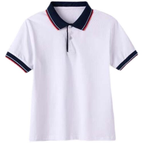中小学生短袖校服上衣夏藏蓝领红白杠边条polo衫园服白色全棉定制