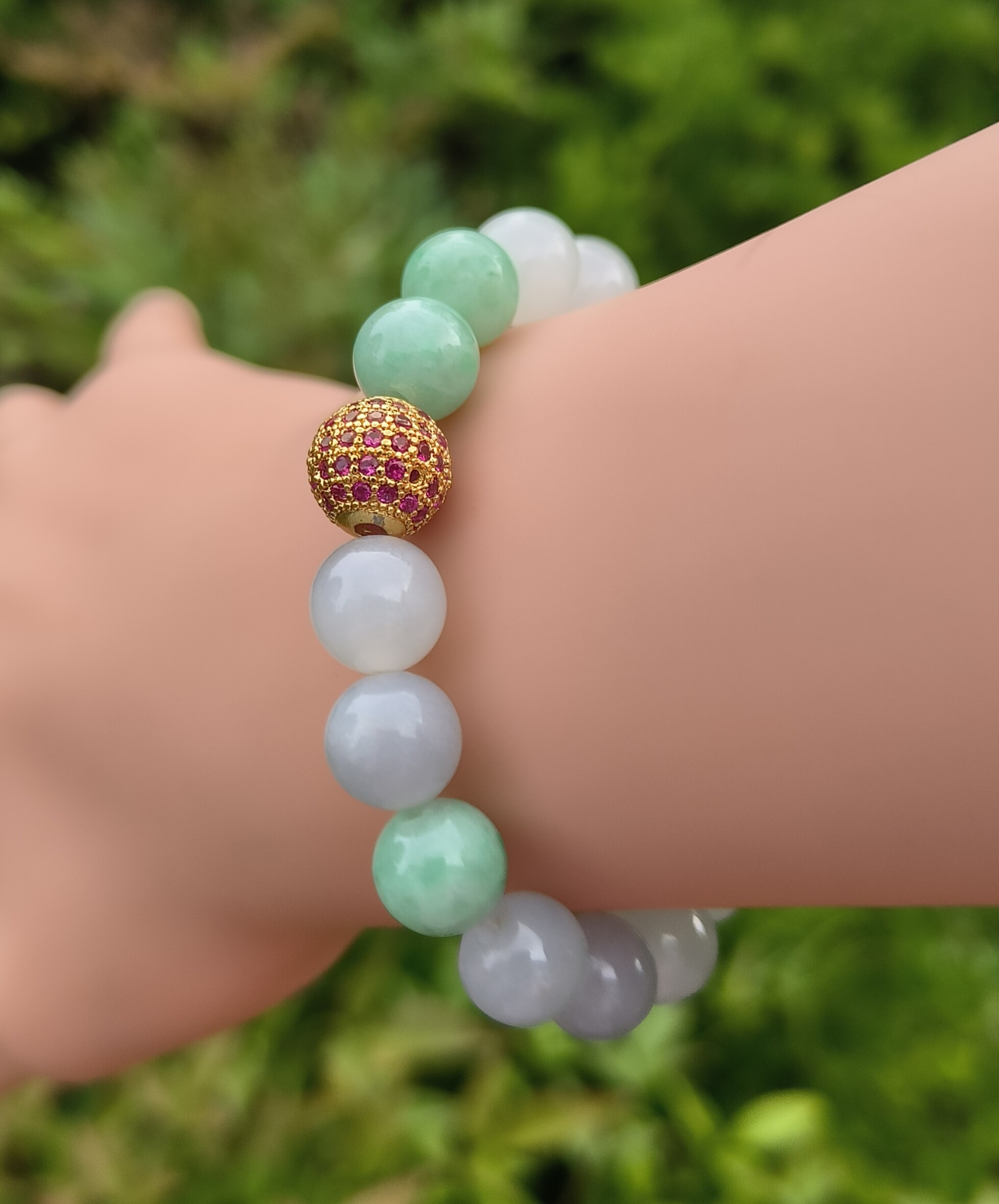 冰种三彩多手串手链纯天然缅甸翡翠A货玉石圆珠9.5mm20粒