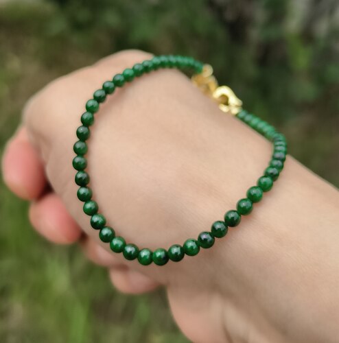 天然缅甸翡翠A货手串卡4mm辣绿色小米珠手链50颗圆珠附鉴定证书