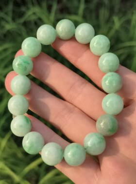 卡12mm果绿色飘花手串男款天然缅甸翡翠A货玉石圆珠17颗送证书