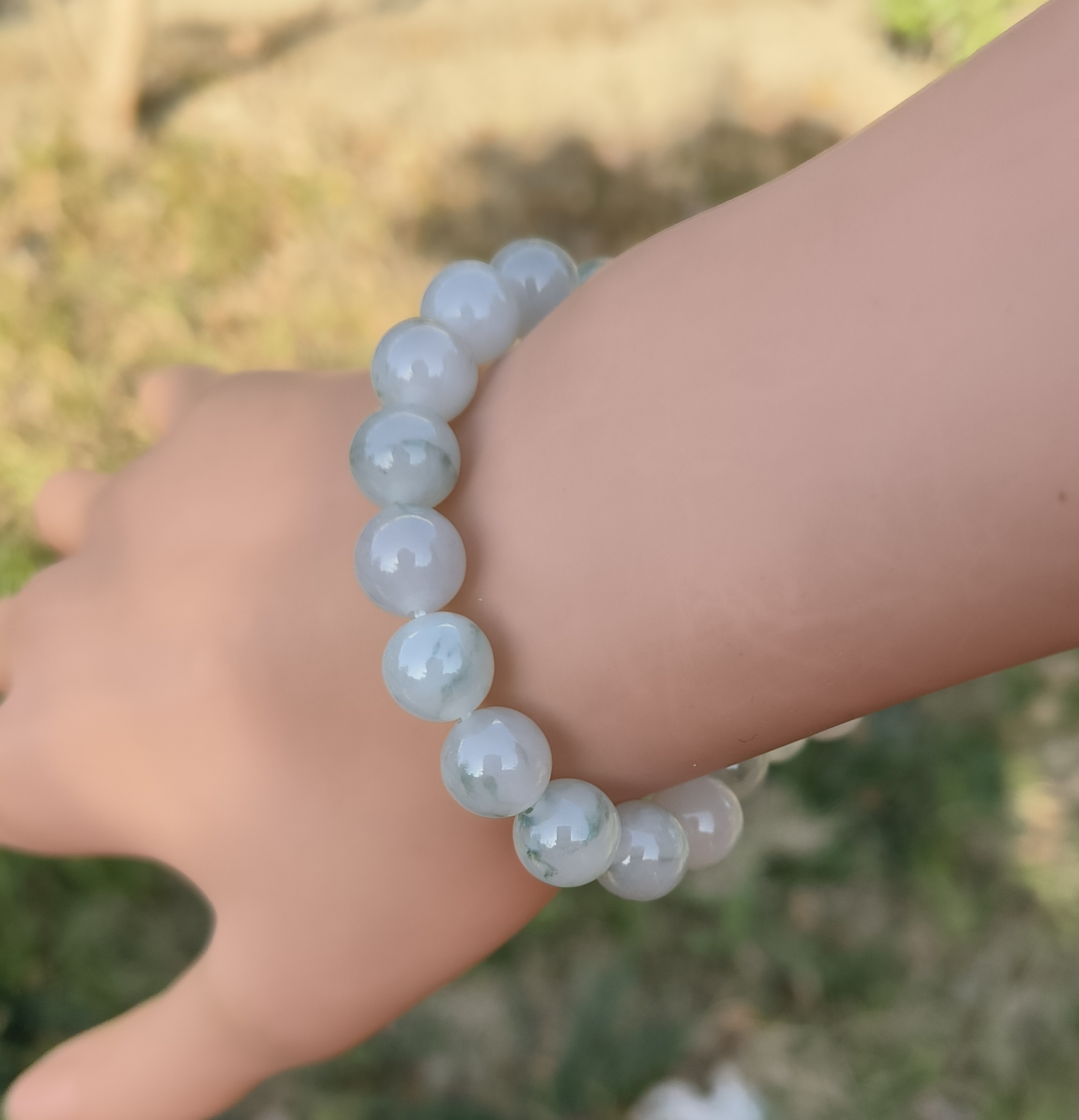 卡9.5mm冰飘花翡翠手串手链天然缅甸翡翠A货玉石圆珠22颗送证书