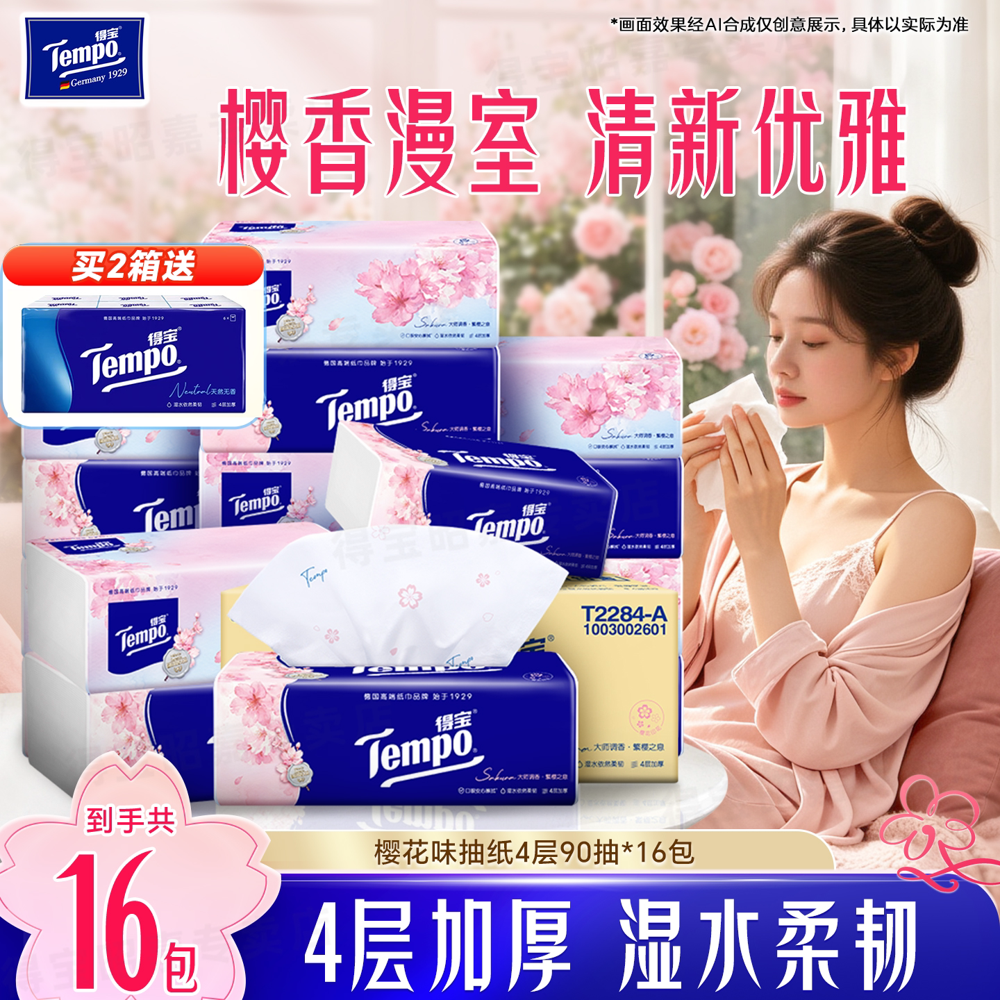 得宝樱花香味印花纸巾16包整箱										