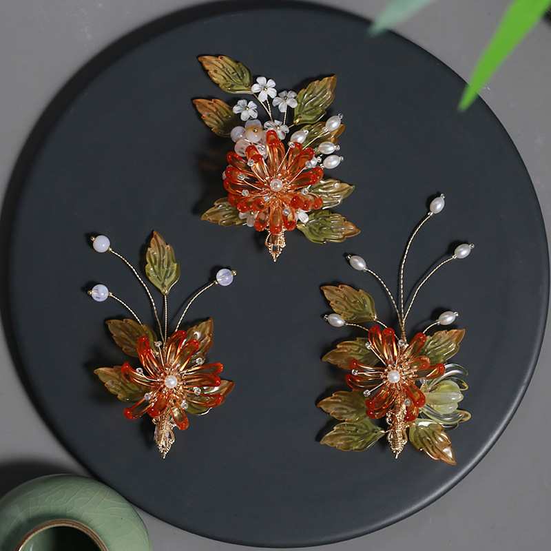 古风汉服发饰手工清新淡雅气质金盏花琉璃日常简约百搭发夹对夹边