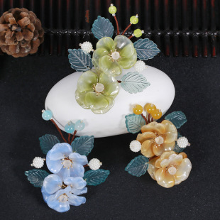 古风汉服头饰清新可爱绿色蓝色橘色琉璃赤丹花日常百搭发夹对夹边