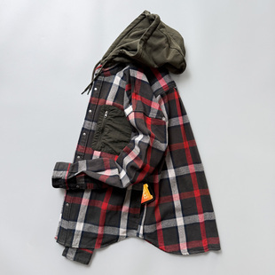 1097多巴胺穿搭男！重磅加厚款美式复古圆下摆连帽格子衬衫外套潮