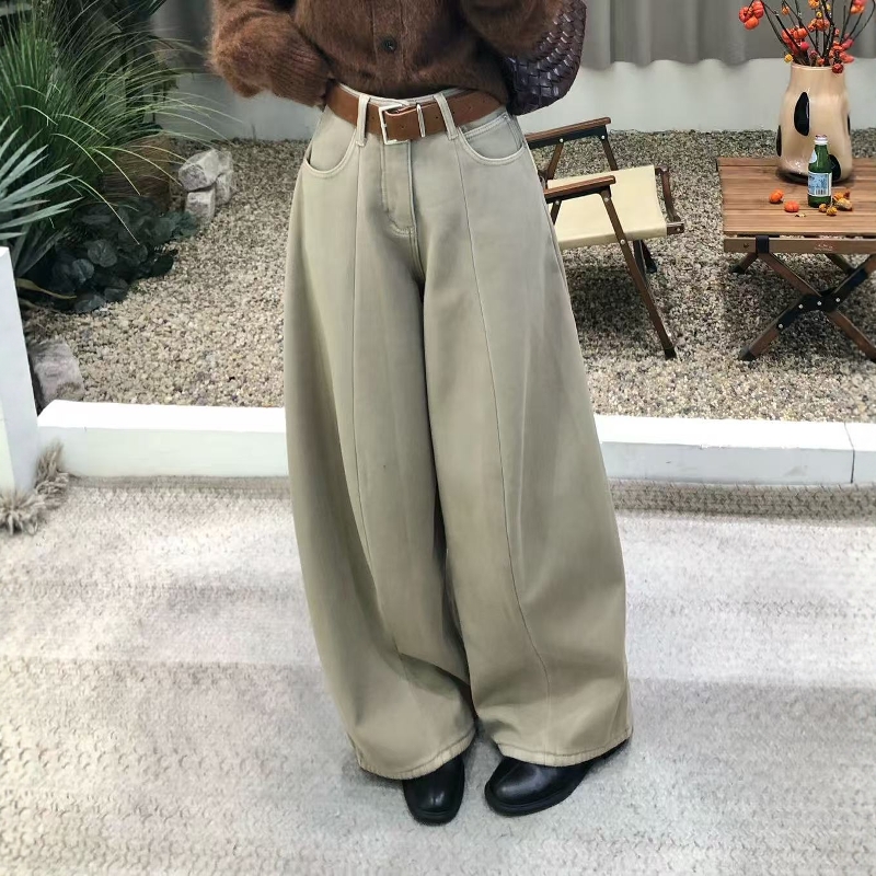 2025秋冬加绒复古浅卡其直筒牛仔裤女美式宽松设计拖地阔腿裤裤子