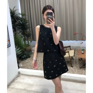 2024年夏季韩版无袖套装裙重工设计背心上衣+A字淑女短裙西装套装
