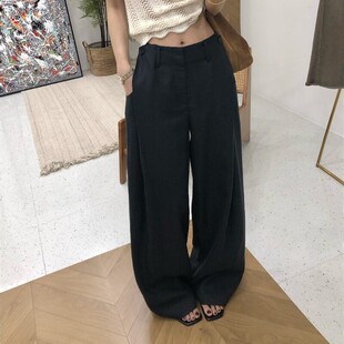 韩版高腰天丝亚麻垂坠感阔腿裤女宽松百搭直筒长裤显瘦舒适休闲裤