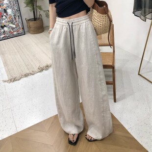 2026夏季新款100%纯亚麻松紧腰抽绳松弛感阔腿裤休闲裤薄透气长裤