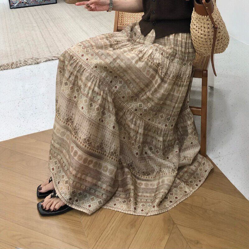 2026夏季新款波西米亚风繁花印花半身裙女高腰长裙松紧腰复古裙子