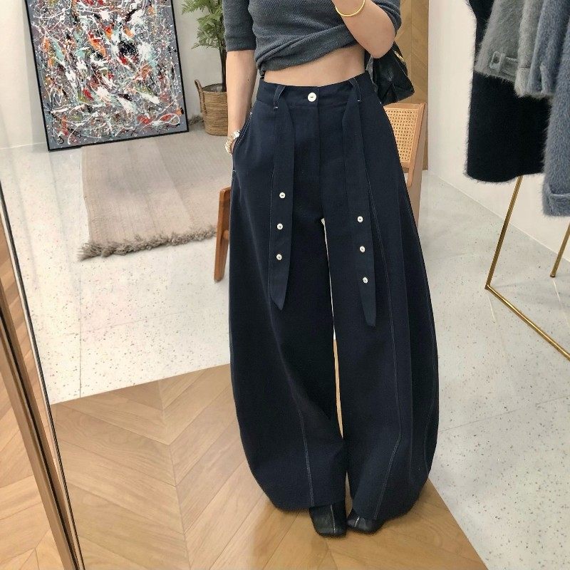 2026春新款海港蓝棉麻气球弯刀裤女高腰垂感宽松休闲小个子阔腿裤,女装/女士精品,休闲裤,淘宝优惠券,粉丝福利购,淘宝优惠卷