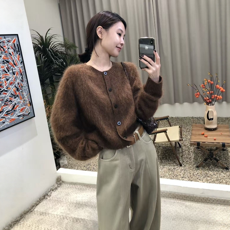 100%澳洲羊毛简约气质毛针织衫女2025冬装新款圆领毛衣开衫外套潮