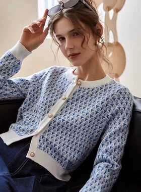 欧芮儿法式浅蓝色针织开衫女初春2024新款圆领长袖短款毛衣外套