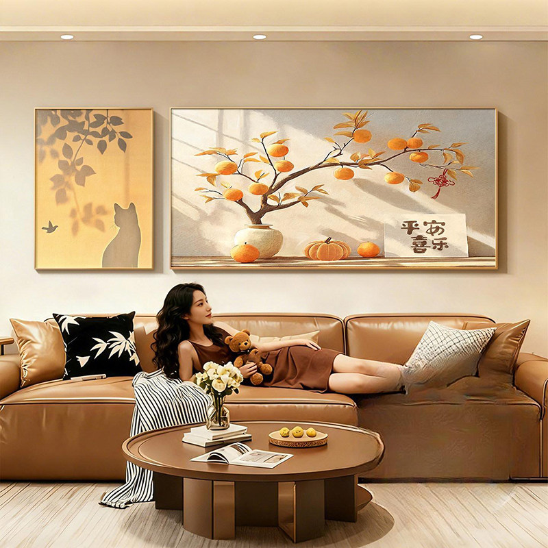 奶油风柿柿如意客厅装饰画高级感沙发背景墙挂画2026新款双联壁画,家居饰品,现代装饰画,淘宝优惠券,粉丝福利购,淘宝优惠卷