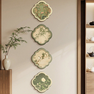 绿色挂画宋氏美学电视机旁花卉装饰画新中式玄关客厅花鸟画组合画