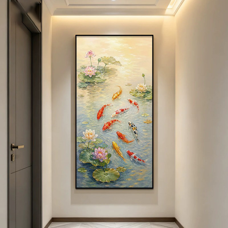 荷花九鱼图玄关挂画2026新款手绘油画走廊过道装饰画竖版入户壁画