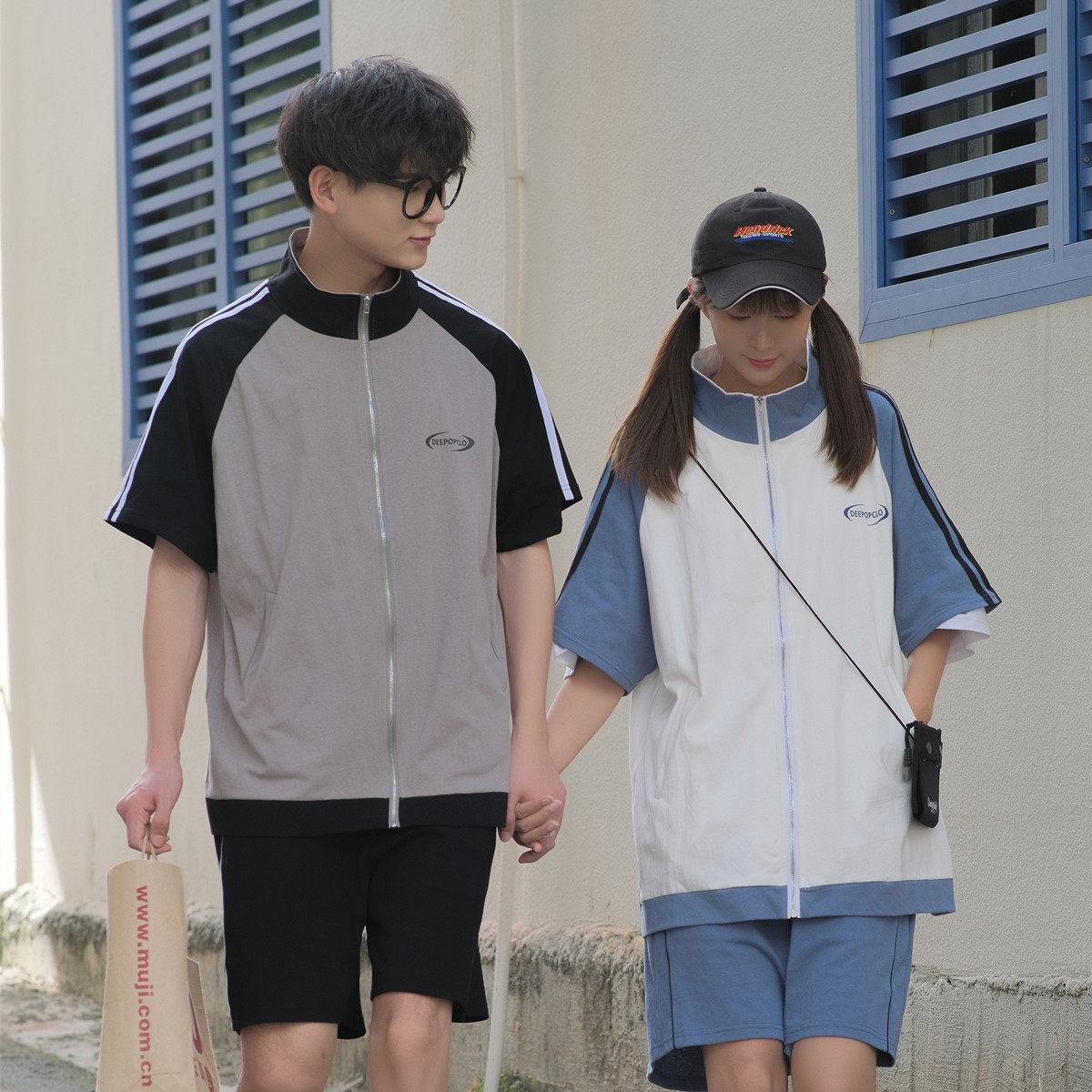 实拍现货2021夏季休闲运动套装学生情侣装短袖短裤两件套