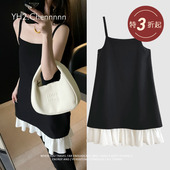 YH2.Chennnnn 很韩 黑白撞色拼接连衣裙遮副乳抹胸吊带背心裙夏