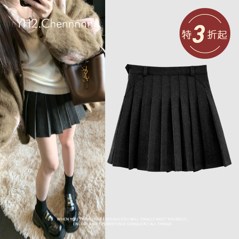 辣妹防走光毛呢高腰百褶超短裙