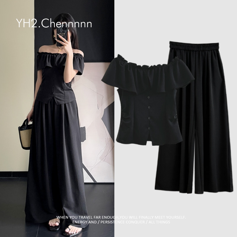 YH2.Chennnnn 莱赛尔天丝短款露肩一字领上衣阔腿裤两件套装女夏,女装/女士精品,时尚套装,淘宝优惠券,粉丝福利购,淘宝优惠卷