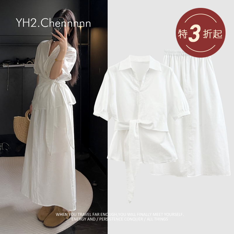 随性设计感绑带亚麻衬衫半身裙