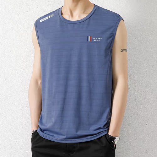 夏季男士冰丝背透气心运动健身打底衫宽肩训练无袖t恤坎肩速干