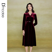 附腰带 黛玛诗秋冬款 轻奢高级感酒红色刺绣丝绒连衣裙女宴会礼服