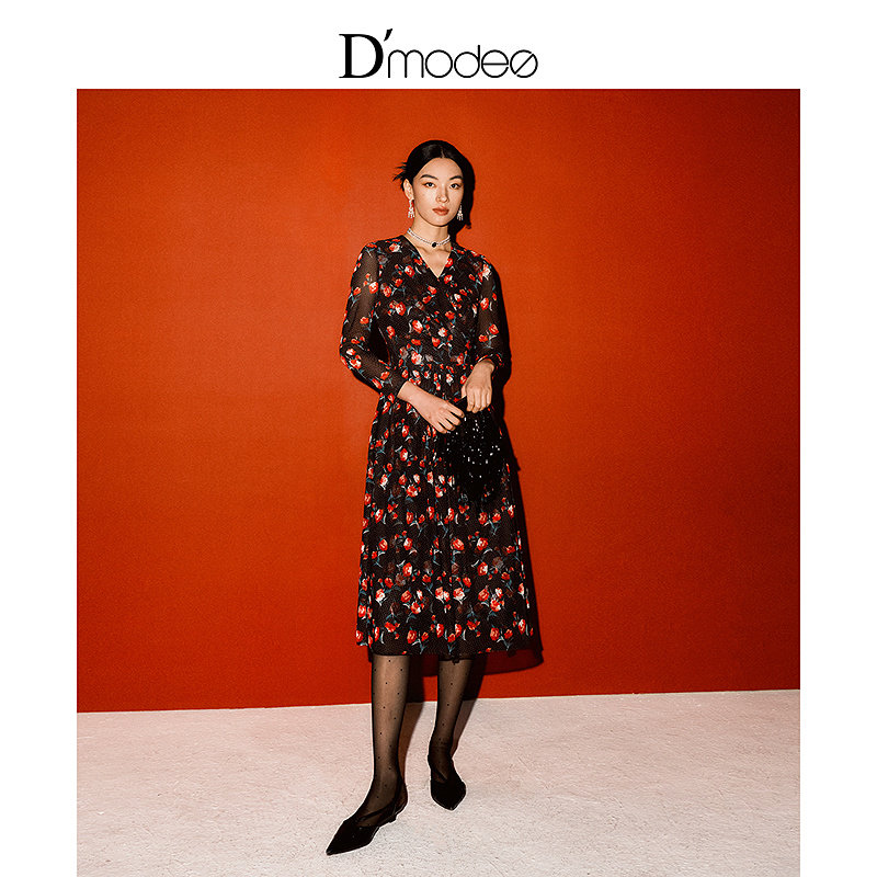 黛玛诗显瘦花裙子2026春季新款v领网纱连衣裙优雅气质A字裙女,女装/女士精品,连衣裙,淘宝优惠券,粉丝福利购,淘宝优惠卷