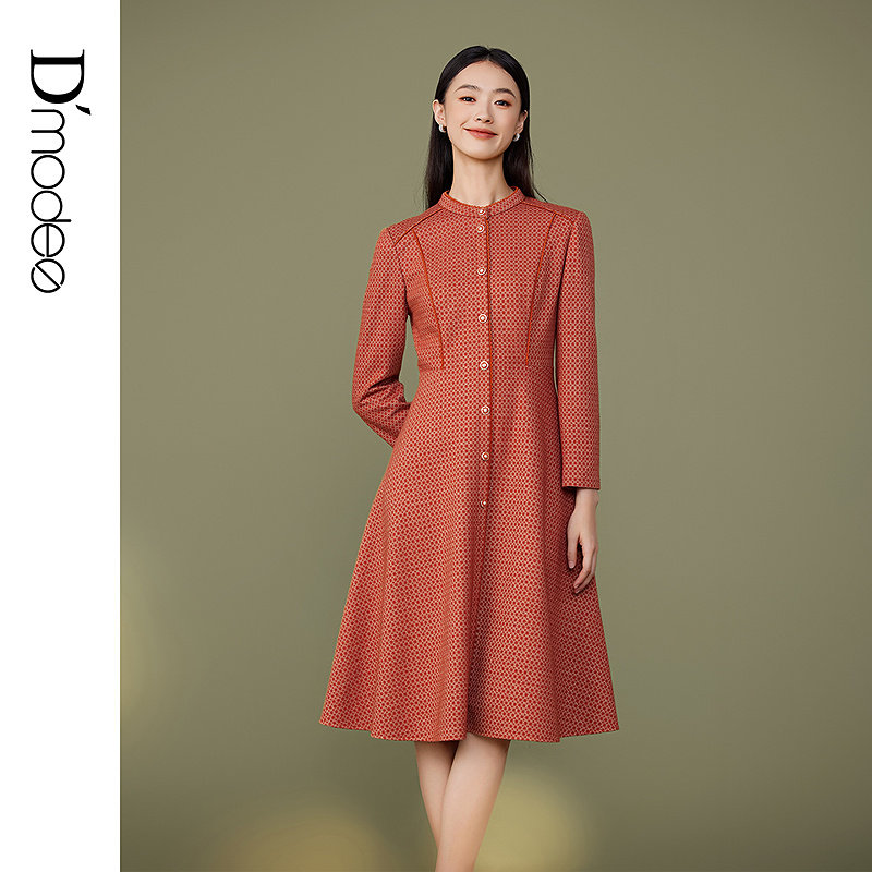 黛玛诗显瘦花裙子秋冬新款格子A字裙法式优雅中长款连衣裙女长袖