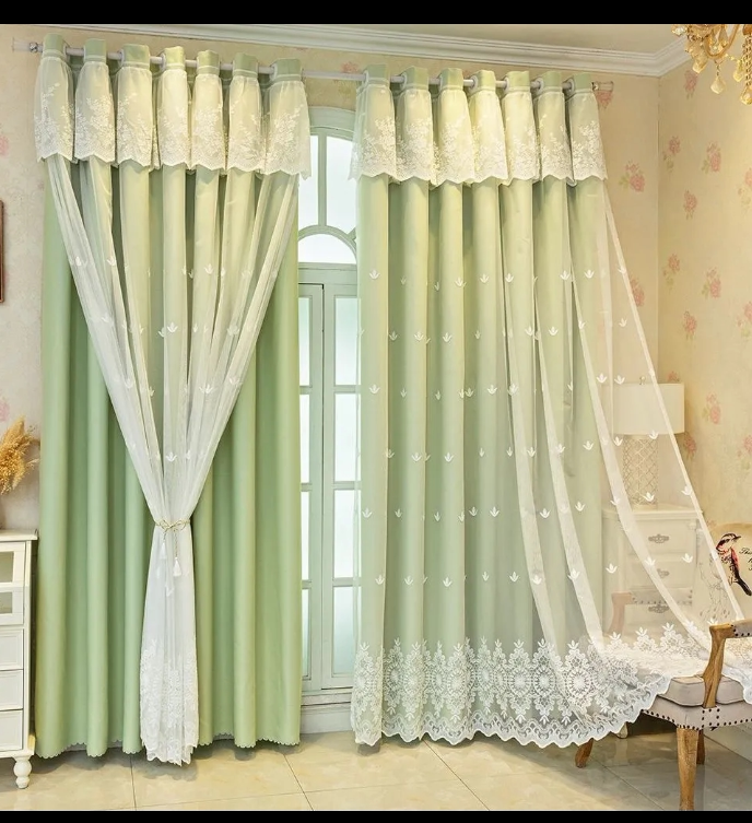 新款双层韩式现代田园粉色蕾丝绣花纱加衬布高遮光公主房卧室窗帘