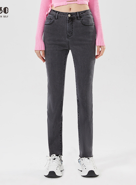 sp68牛仔裤女中高腰后开叉微喇2024年新款灰色喇叭裤显高显瘦修身