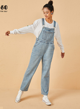sp68宽松休闲浅蓝色背带牛仔裤子女直筒宽松韩版2024年新款显瘦潮