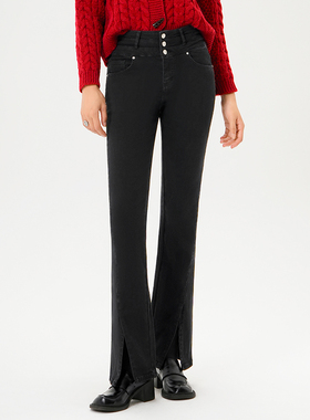 sp68牛仔裤2024女新高腰加绒拖地微喇裤修身显瘦高弹无尺码百搭款