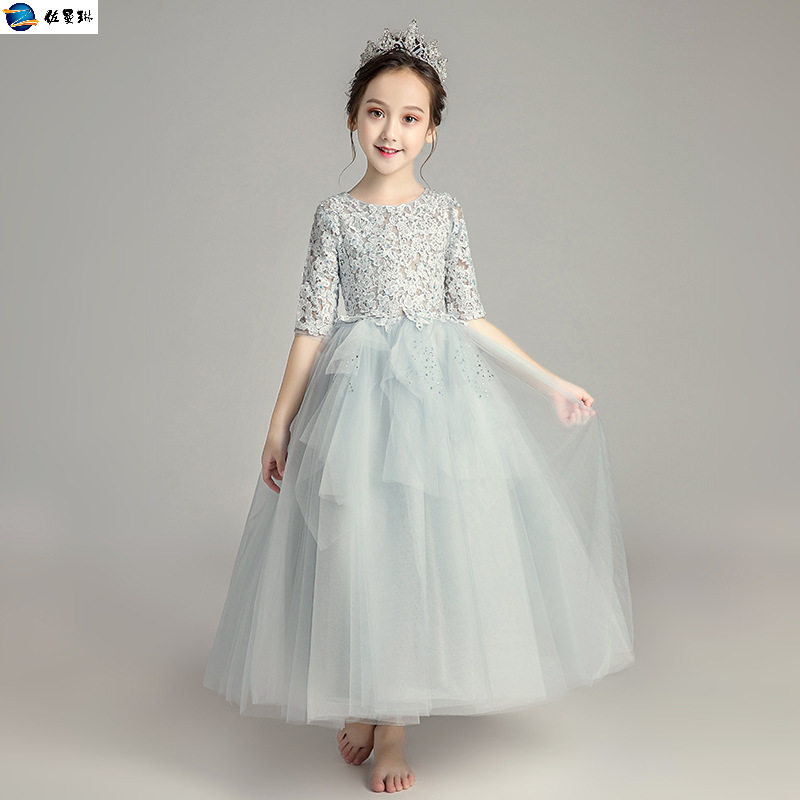 小主持公主裙长袖花童婚纱冬季款女童生日钢琴演出服礼服少女洋气