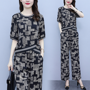RM10472#夏季新款大码女装胖MM宽松显瘦时尚减龄印花气质阔腿裤两件套