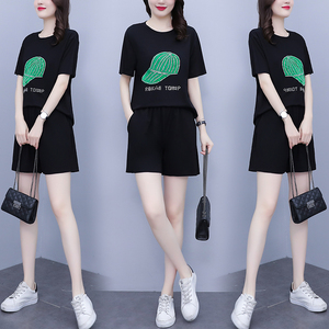 RM10476#夏新款大码女装胖MM休闲时尚洋气宽松显瘦重工镶钻两件套套装