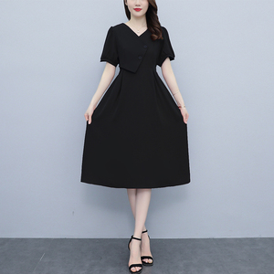 RM10475#夏季新款胖mm法式气质短袖连衣裙绑带收腰显瘦复古赫本风长裙