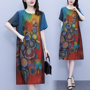 RM10470#夏季新款大码女装 胖妈妈时尚减龄宽松显瘦中长连衣裙