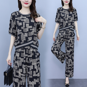 RM10472#夏季新款大码女装胖MM宽松显瘦时尚减龄印花气质阔腿裤两件套