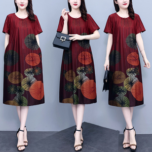 RM10469#夏季新款大码女装胖MM时尚遮肚显瘦中长款印花连衣裙