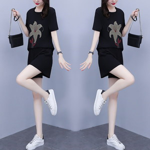 RM10477#夏新款大码女装胖MM烫钻两件套宽松显瘦休闲减龄时尚遮肉套装