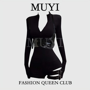 拉链紧身裤 甜酷特工长袖 紧身黑色束腰连体裤 MUYI原创辣妹网红同款