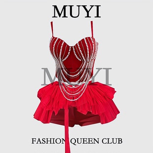 MUYI原创 表演服 女团gogo舞台演出服重工镶钻吊带鞠婧祎红色同款