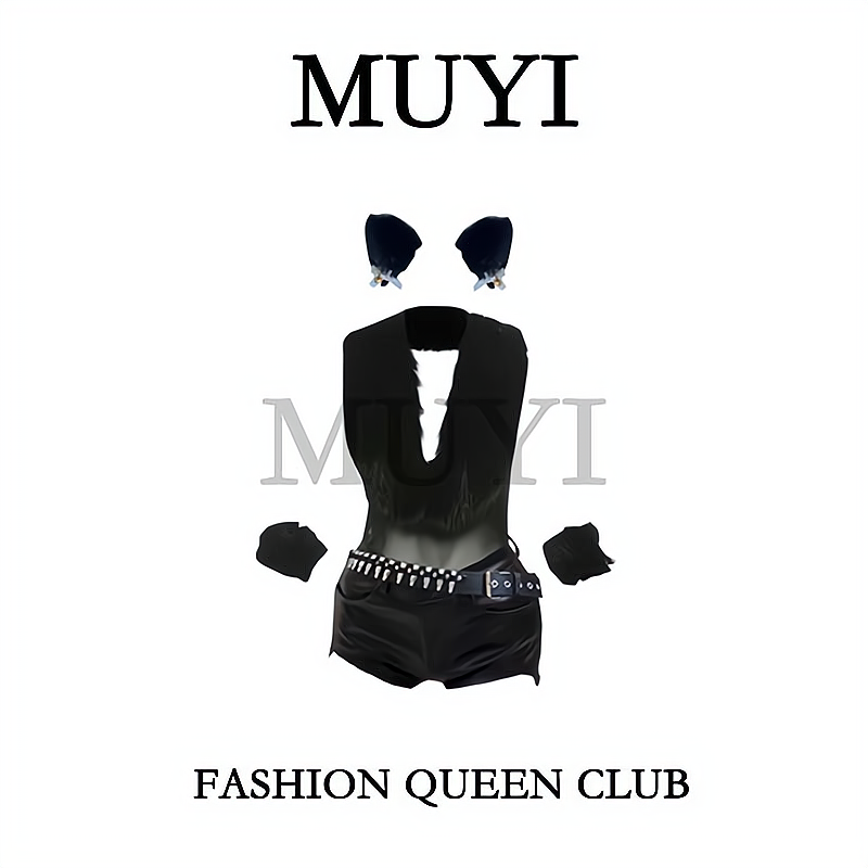MUYI原创 酒吧御姐黑色毛毛领性感深v连体衣制服五件套gogo演出服