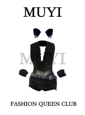 MUYI原创 酒吧御姐黑色毛毛领性感深v连体衣制服五件套gogo演出服