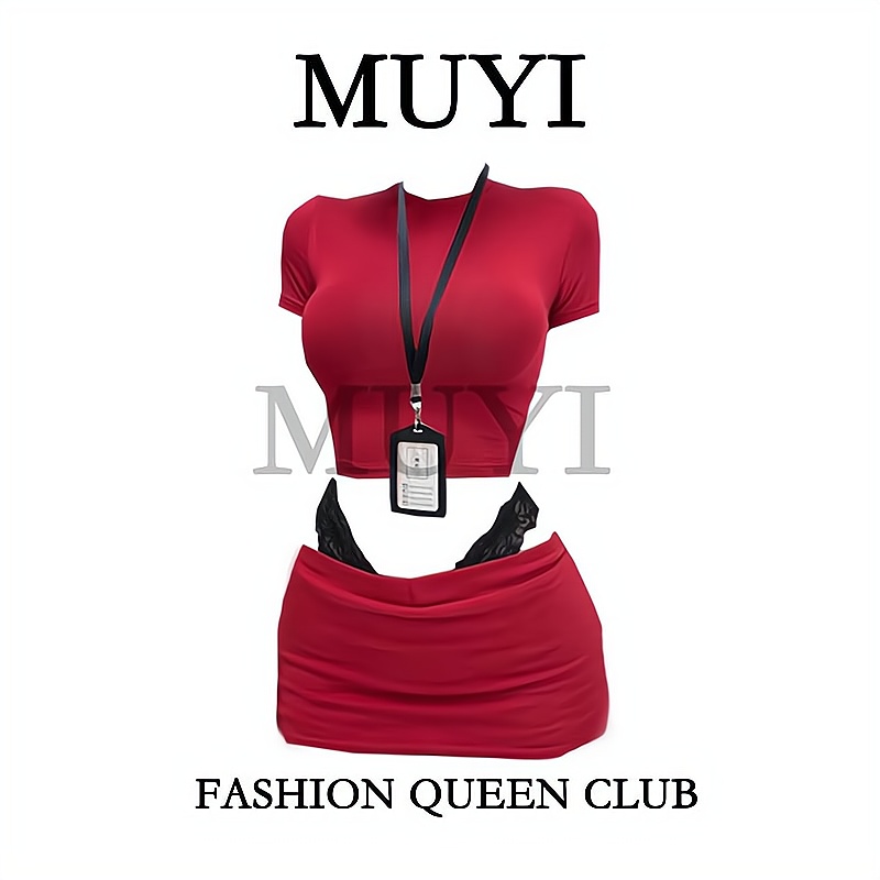 性感红色正肩T恤超短包臀裙制服