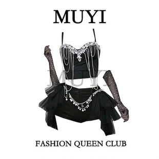 MUYI原创 高级感网红同款镶钻吊带演出服辣妹gogo团舞黑色打歌服